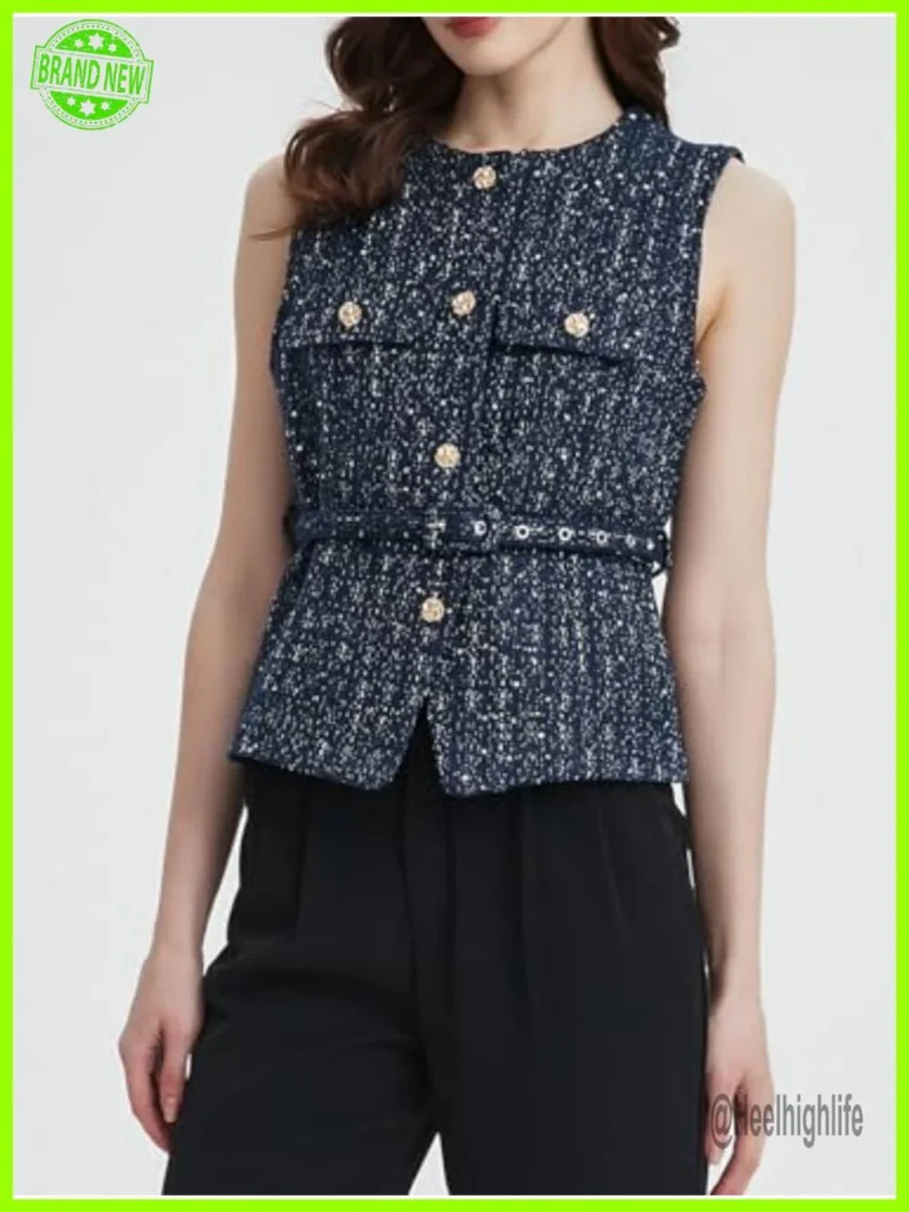 Tweed Blazer Vest Sleeveless Button Down Business Office Waistcoat With Belt
